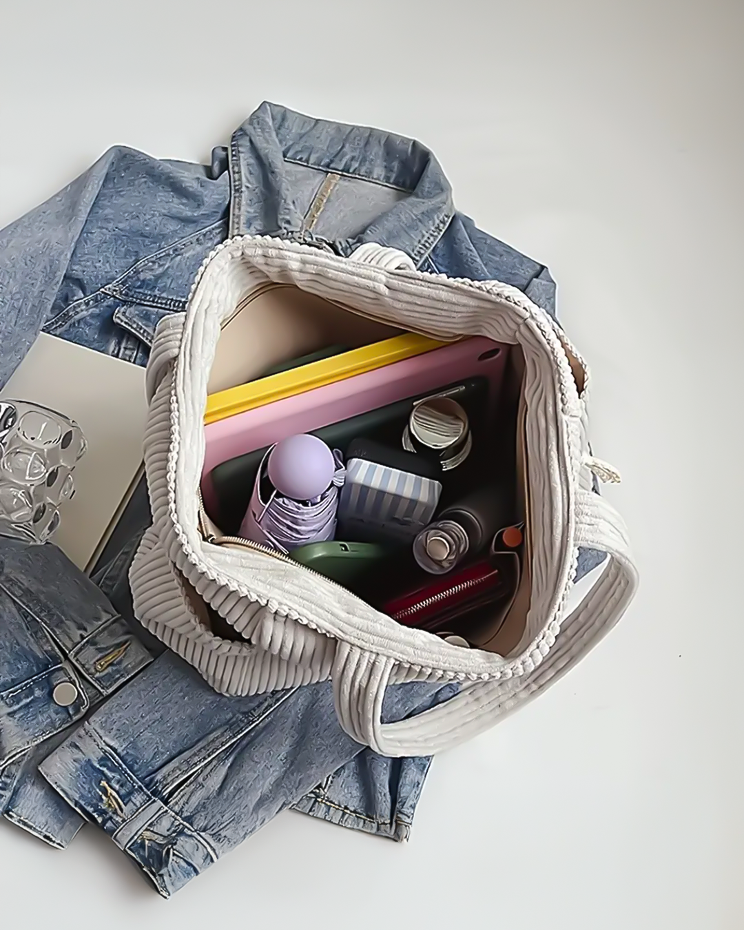 Sofia | Ribbed Tote Bag With Drawstring Detail