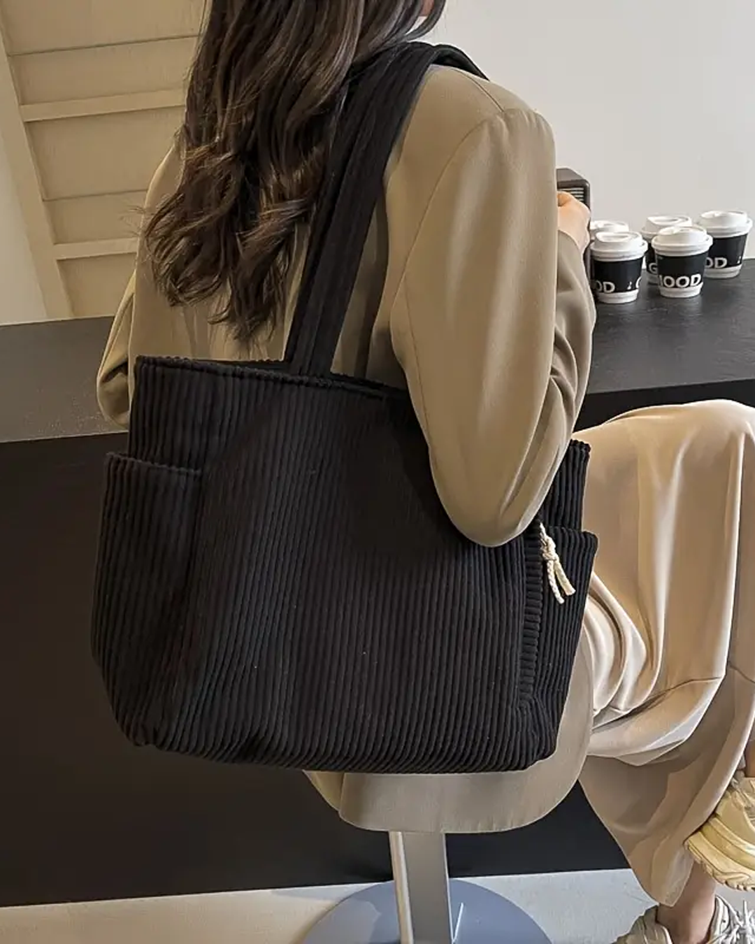 Sofia | Ribbed Tote Bag With Drawstring Detail