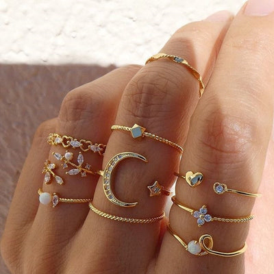Set of 10 silver and gold-plated bohemian rings